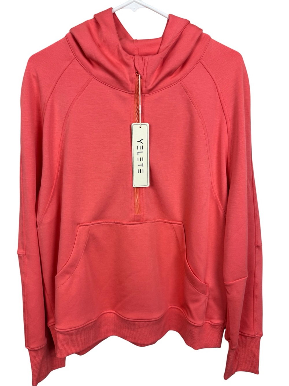 NWT YELETE scuba quarter zip hoodie in a bright coral/pink sz L